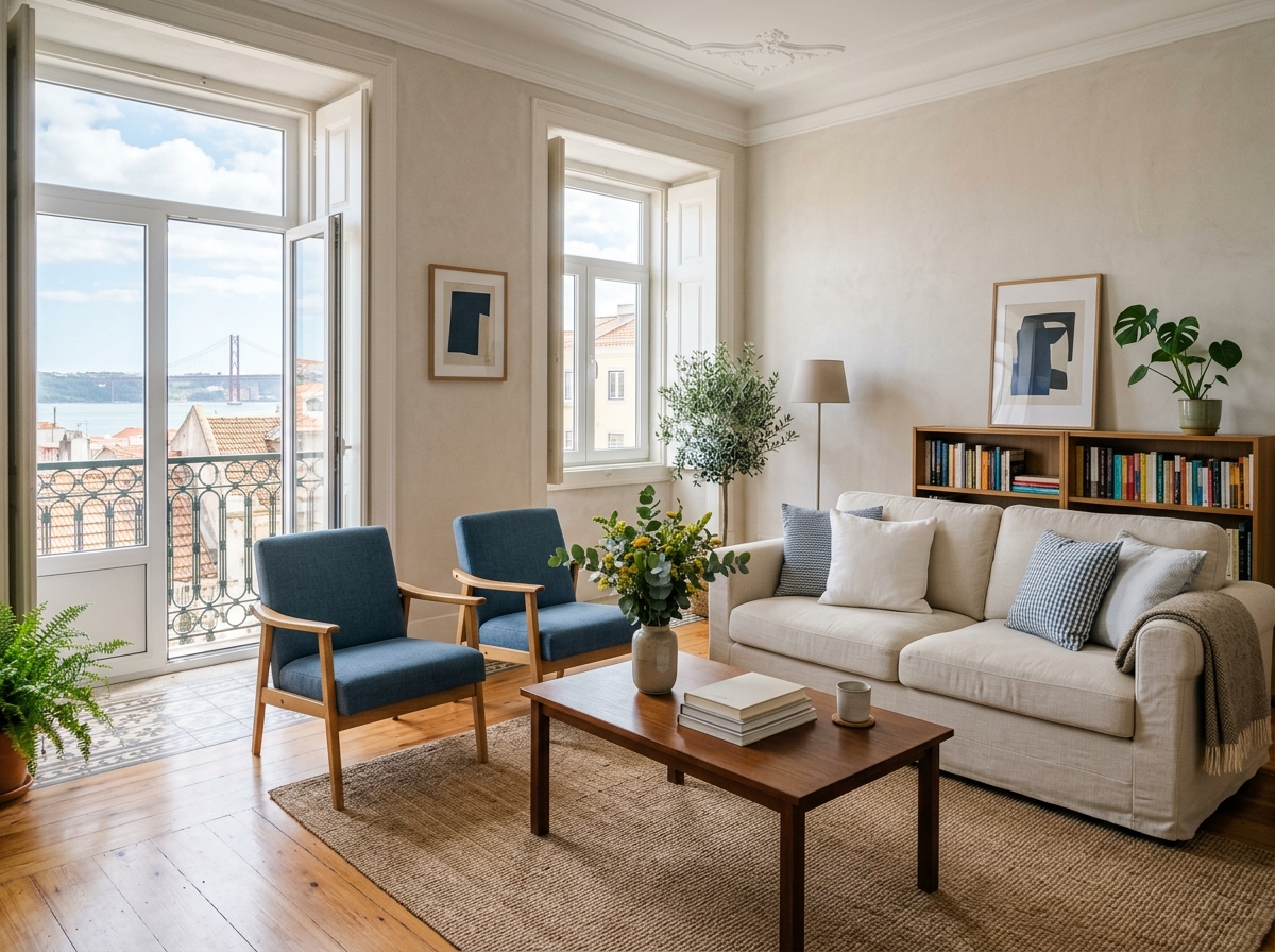 Sala de estar luminosa num apartamento em Lisboa, depois de uma limpeza cuidada, com luz suave da manhã
