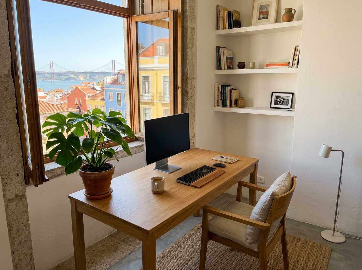 Pequeno escritório doméstico arrumado em Lisboa, com secretária limpa e planta verde, luz natural