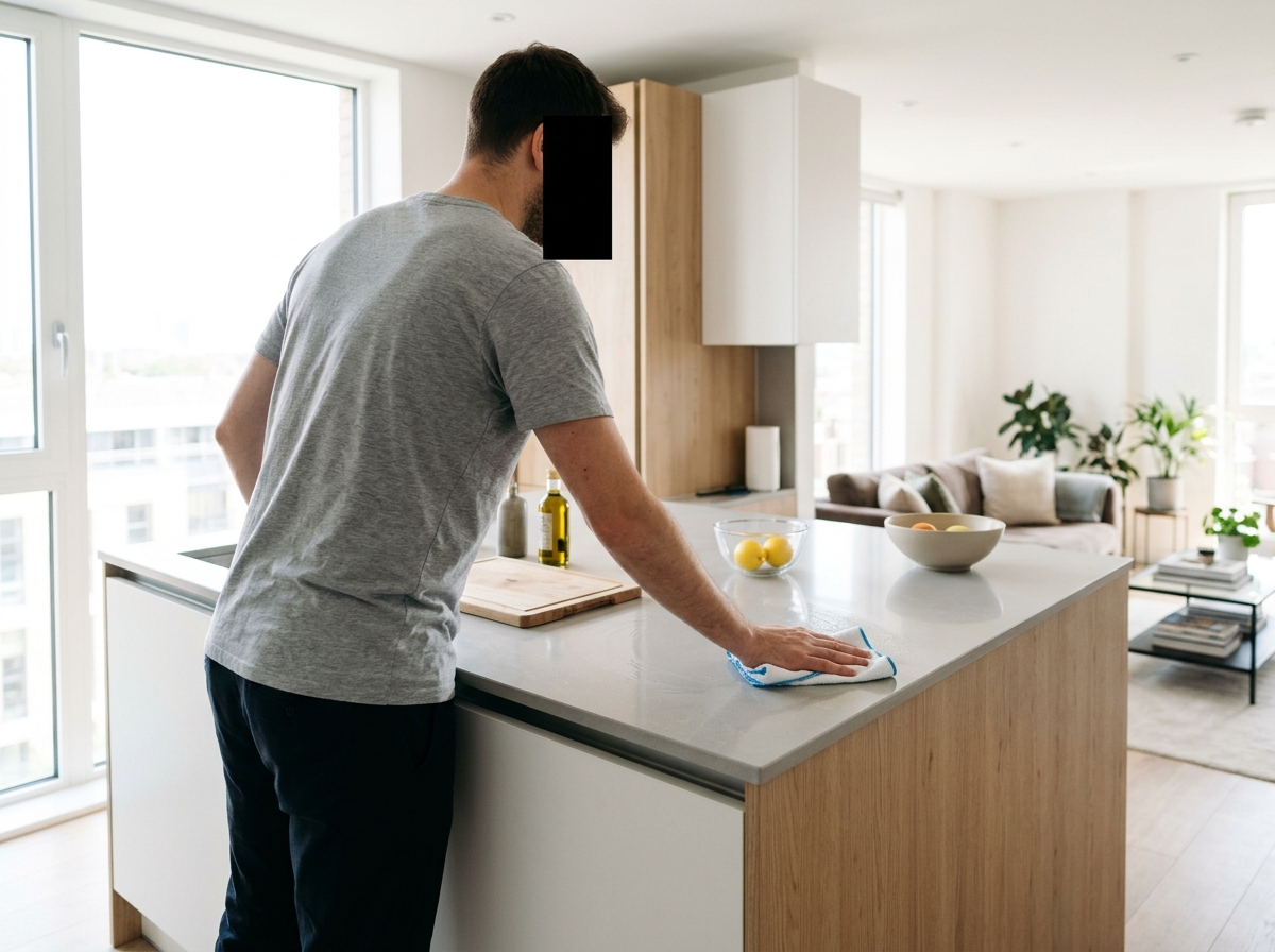 Pessoa a limpar bancada de cozinha num apartamento moderno e luminoso, rosto não visível
