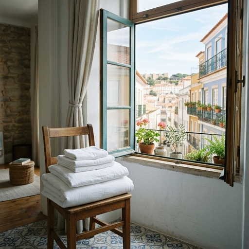 Lençóis brancos dobrados sobre uma cadeira junto a uma janela aberta em Lisboa, fotografia editorial de interiores
